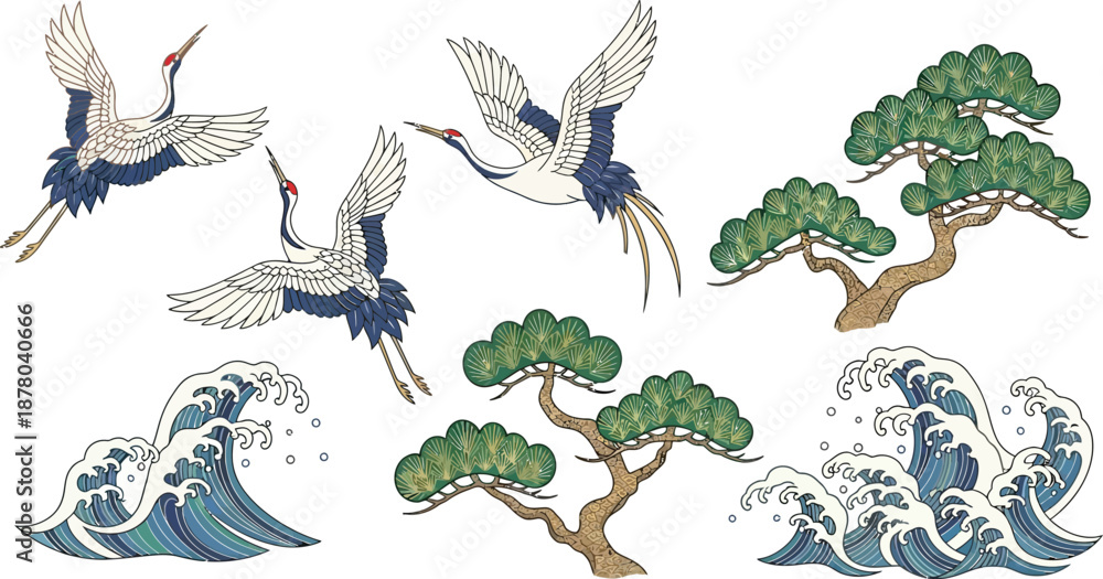 Obraz premium Japanese style cranes flying with pine trees and powerful ocean waves design elements for tradition