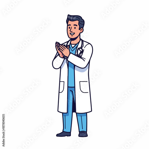 Male doctor wearing white coat using smartphone on isolated background