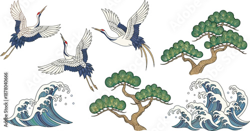 Japanese style cranes flying with pine trees and powerful ocean waves design elements for tradition