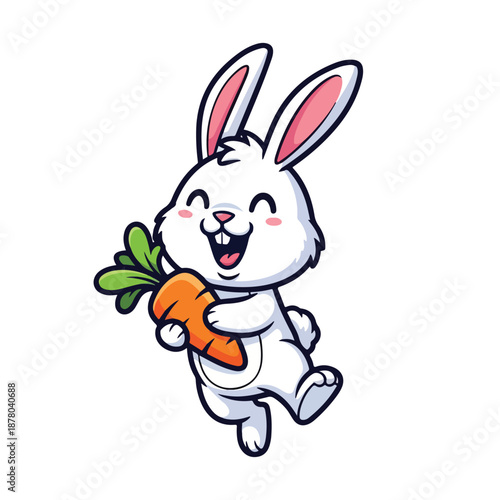 Cartoon rabbit holds a fresh carrot with green leaves happily