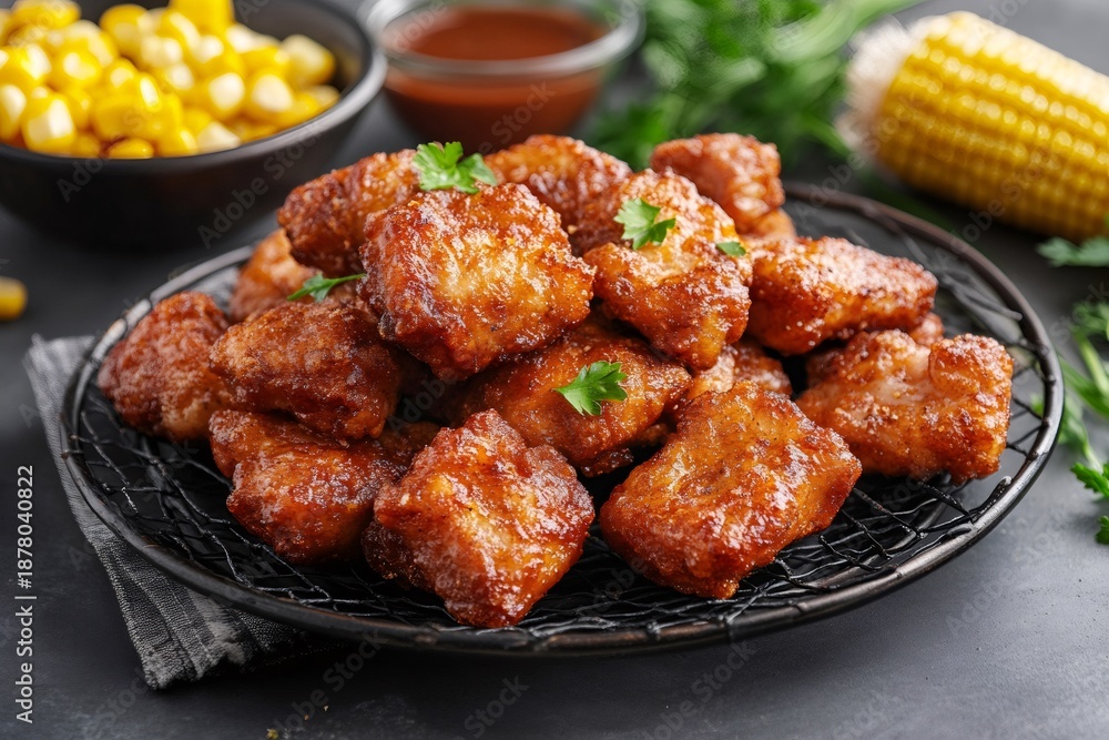 Fototapeta premium Crispy fried chicken bites with barbecue sauce and corn