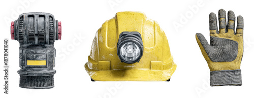 Safety Equipment Kit Concept for Operational Site Use Featuring Helmet, Light, and Gloves