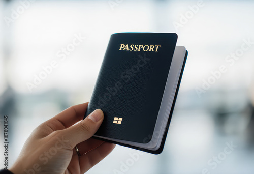 Person holding a passport in an airport setting