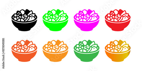 Diverse vector icons: colorful bowls with healthy food, fresh fruit, or salad, ideal for nutrition apps and menus.