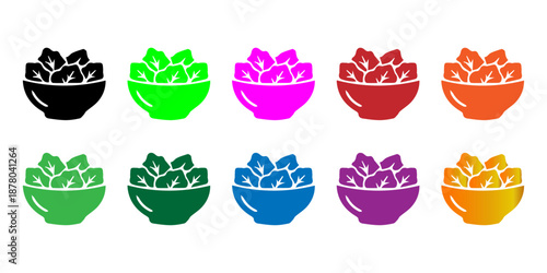 Diverse vector icons: colorful bowls with healthy food, fresh fruit, or salad, ideal for nutrition apps and menus.