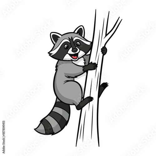 Raccoon climbing a tree with a cheerful expression on its face