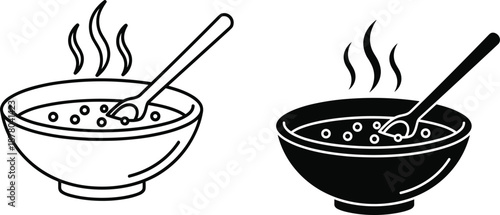Black And White Vector Illustration Set Of Two Bowls Of Hot Soup Or Porridge With Spoons And Steam For Breakfast Healthy Eating And Kitchen Design