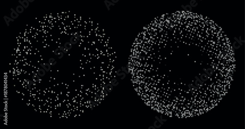 Abstract digital representation of two circular formations made of small, scattered particles against a, suggesting data visualization or particle physics concept