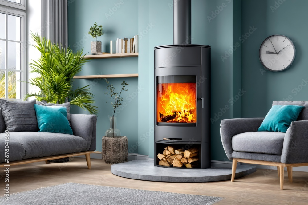 Fototapeta premium Cozy living room with modern wood burning stove providing warmth