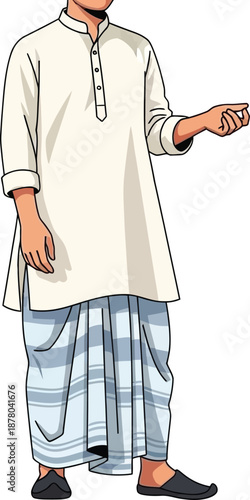 Man in white kurta and lungi standing gesturing invitingly, traditional Indian attire and culture illustration