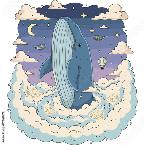 A whimsical and dreamy vector-style illustration featuring a large blue whale breaching or surfacing through a sea of soft, cream-colored clouds