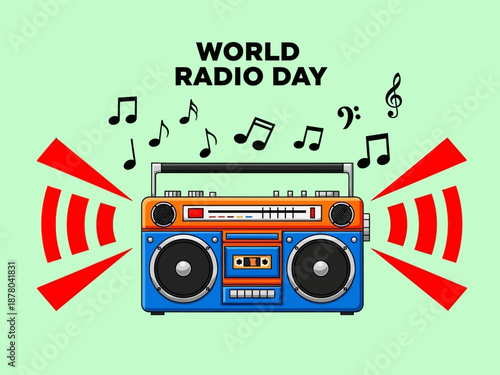 World radio day colorful illustration of boombox and music notes
