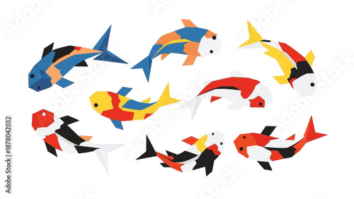 Colorful Koi Fish Collection: Japanese Carp, Aquatic Animals, Flat Design