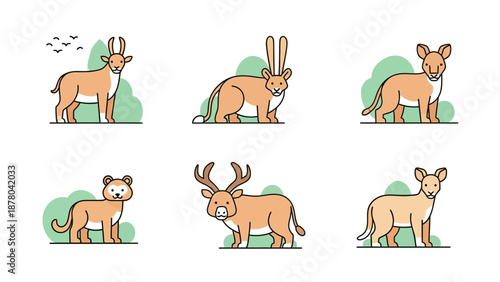 Cute Cartoon Animals Collection: Deer, Rabbit, Lion, Bear, Antelope Icons