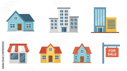 Flat Design Houses and Buildings Icons Set, Real Estate Concept