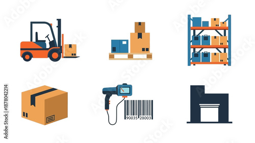 Warehouse Logistics Icons: Forklift, Boxes, Pallet, Barcode Scanner, Rack