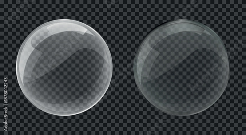 Two realistic soap bubbles with transparent and slightly tinted appearance, a dark transparent background