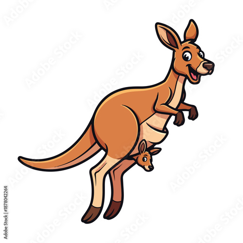 Mother kangaroo with joey peeking from pouch on white background