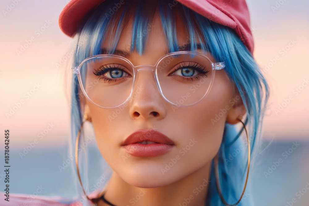 Fototapeta premium Young woman wearing glasses with blue hair