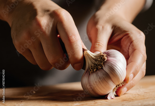 Hands Peeling a Garlic Clove on Wooden Surface