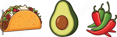 Mexican taco filled with ground beef lettuce tomato and sour cream beside avocado half and chili peppers