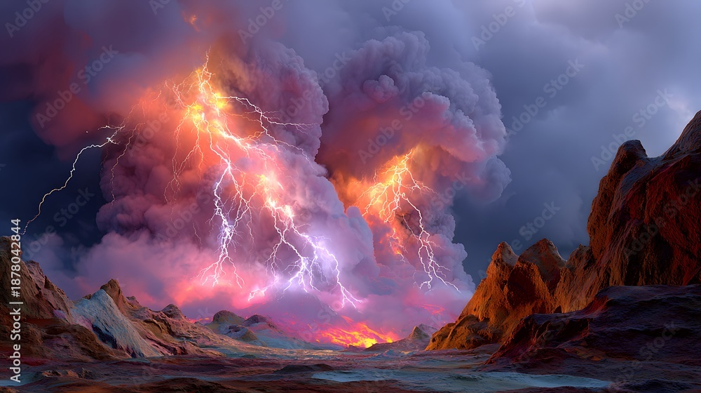 Fototapeta premium Dramatic Lightning Storm Over Volcanic Landscape with Dark Clouds