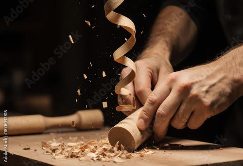 Person crafting wooden spoons with a chisel tool