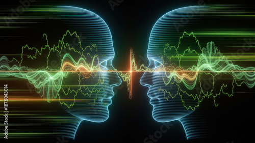 Synchronized Minds: An abstract depiction of two profiles, interconnected by a dynamic exchange of energy waves, evoking the concept of shared thoughts and cognitive unity.