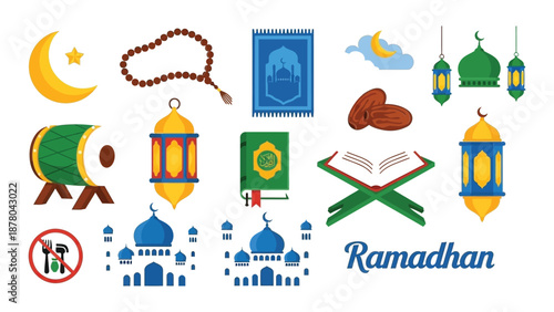 Ramadan kareem symbols and icons on transparent background
