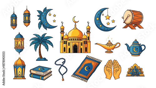 Islamic ramadan symbols and objects on transparent background