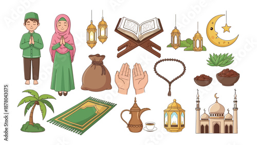 Islamic ramadan symbols and objects on transparent background