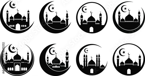 Islamic mosque silhouettes with crescent moon on transparent background
