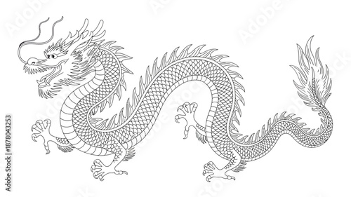 Chinese New Year dragon line art vector illustration, traditional zodiac dragon outline with transparent background