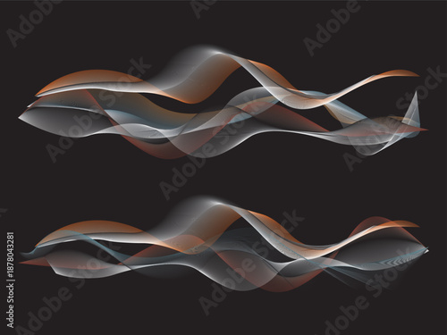 Abstract flowing light waves with smooth translucent ribbons in warm and cool tones on a dark background. Futuristic dynamic motion design suitable for technology visuals, sound waves, energy concepts