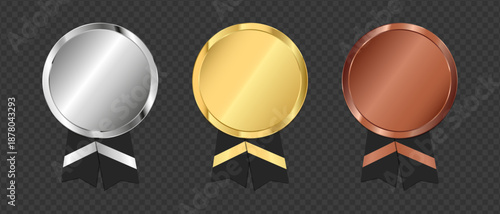 Gold silver and bronze badge medal with ribbon set, Award in sports competitions and business projects for first places, Sign of high product quality.