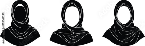Three different styles of islamic hijab on transparent background
