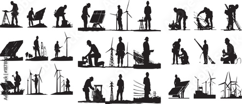 Renewable Energy Workers – Solar & Wind Silhouette Icon Set