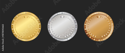 Gold silver and bronze blank medal award 3d icon on black background, Metal button realistic design, Quality badge sign.