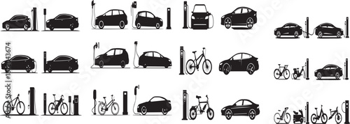 Electric Mobility Icons – Vehicles & Charging Stations Silhouette Pack
