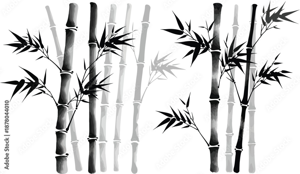 Obraz premium Monochrome painting style bamboo stalks with detailed leaves representing calm asian nature and oriental garden scenery