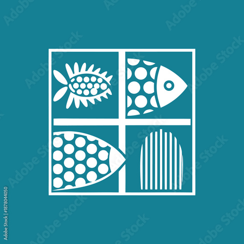 Stylized graphic fish designs in a grid, perfect for seafood branding.