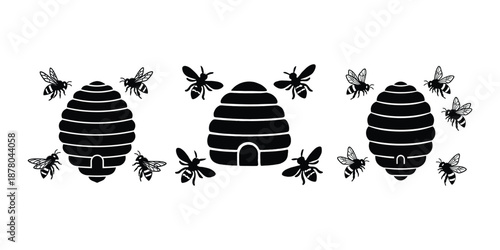 beehives icon. beehives with swarming bees in a minimalist style