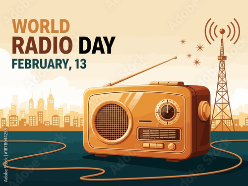 Vintage orange radio with antenna on dark blue background