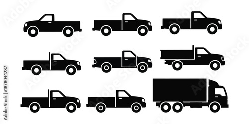 pickup trucks and delivery vans icon. Collection of vintage pickup trucks and delivery vans in a simple black silhouette style