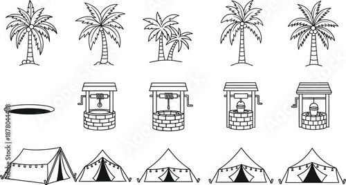 Outline set of tropical elements with palm trees water wells tents camping gear icons black and white vector illustrations