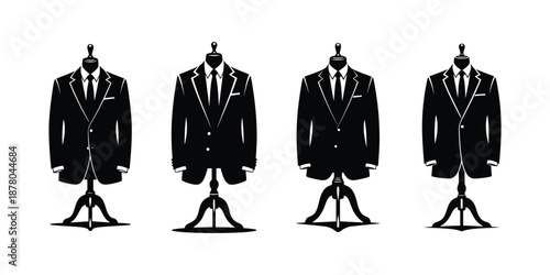 male mannequins wearing dark suits and ties in a minimalist black and white style