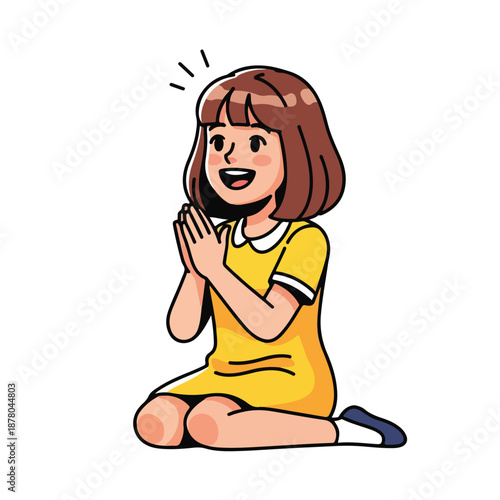 Excited young girl in yellow dress with hands together in delight