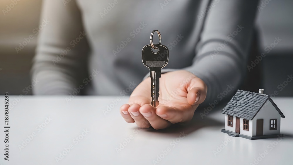Fototapeta premium Person holding house key with miniature house nearby with copy space