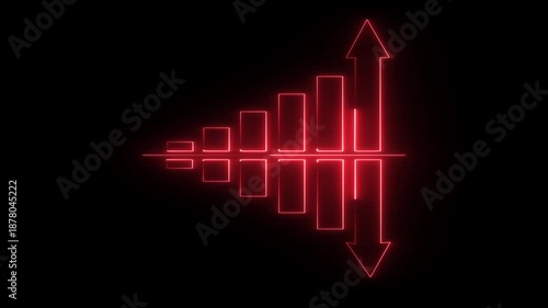 An animation of a neon line business graph or bar chart. It illustrates business growth and success, with the bars and an upward-pointing arrow. The upward trend line and arrow signify positive