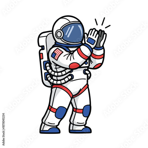 Cartoon astronaut in spacesuit gesturing with one hand